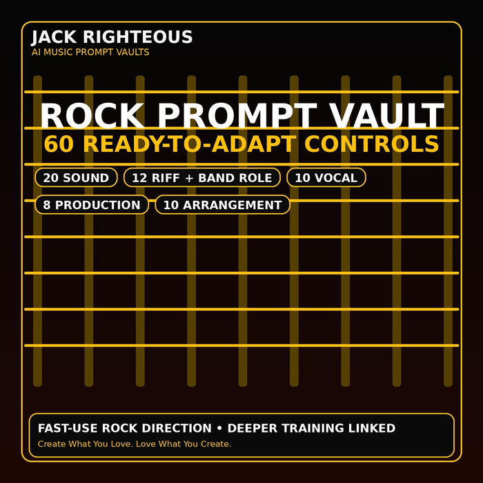 Rock Prompt Vault with 60 ready-to-adapt controls for sound, riffs, band roles, vocals, production and arrangement
