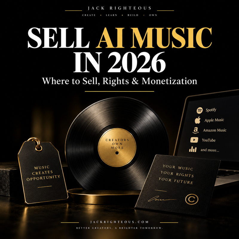 Premium Jack Righteous cover for selling AI-generated music in 2026, covering rights, monetization and where creators can sell music.