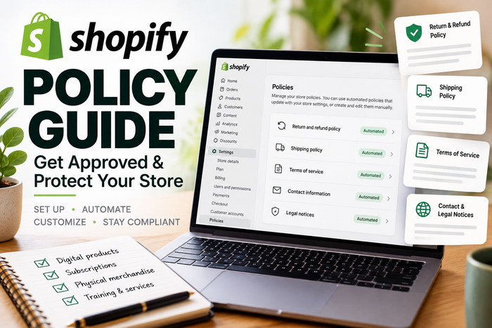 Shopify Policy Guide cover showing automated store policies for refunds, shipping, terms, contact information and legal notices, with a checklist for digital products, subscriptions, merchandise and services.