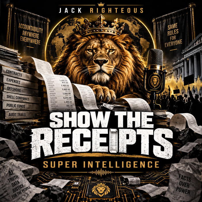 Jack Righteous Show The Receipts Super Intelligence cover with crowned lion, receipts, microphone and black-and-gold accountability theme