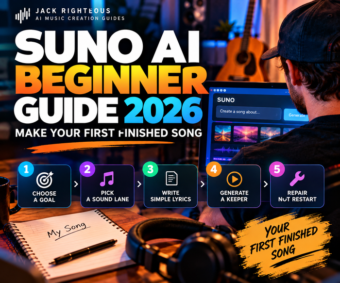 Suno AI Beginner Guide 2026 cover showing a creator building a first finished song in five steps