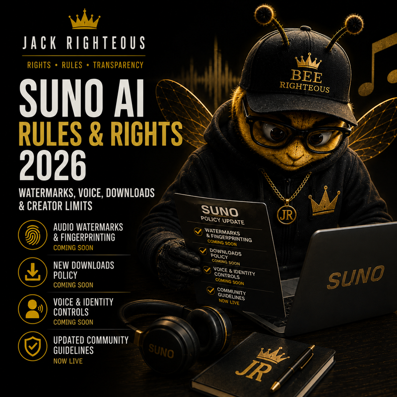 Suno AI rules and rights guide covering watermarks, voice, downloads and creator limits in 2026
