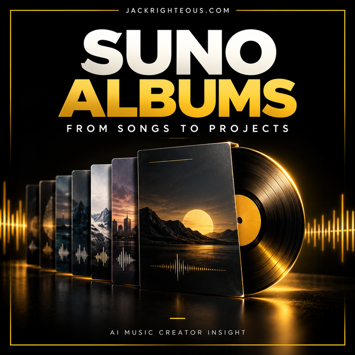 Suno Albums cover art showing album sleeves, a vinyl record and gold audio waveforms on a black background