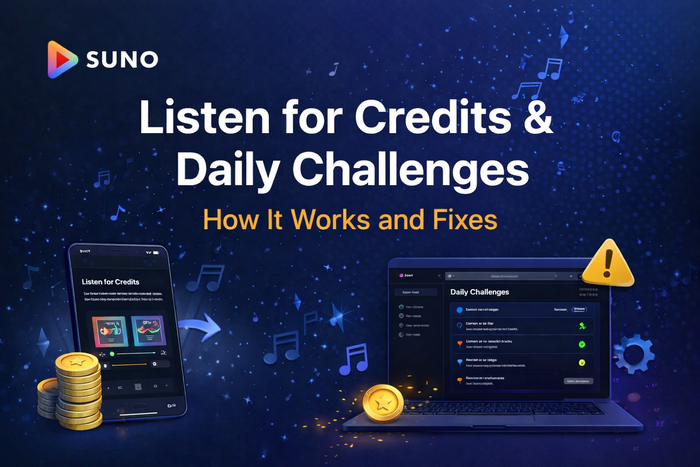 Suno guide explaining Listen for Credits, daily challenges, eligibility and common troubleshooting steps