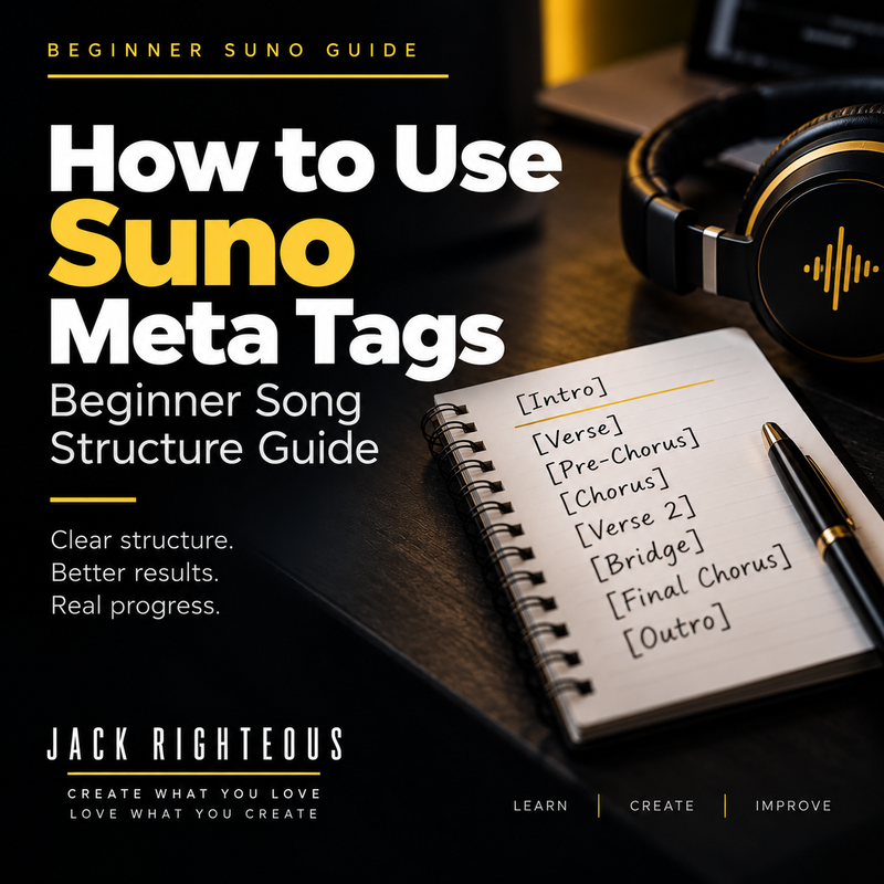 Suno meta tags beginner guide cover for song structure, sections and clearer AI music direction