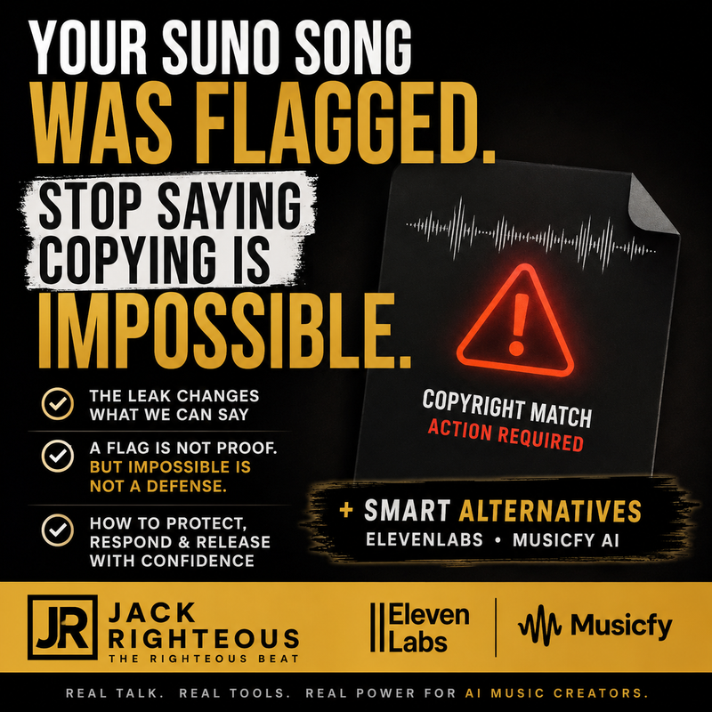 Guide to responding when a Suno song is flagged, including copyright risk, creator records and alternative AI music workflows