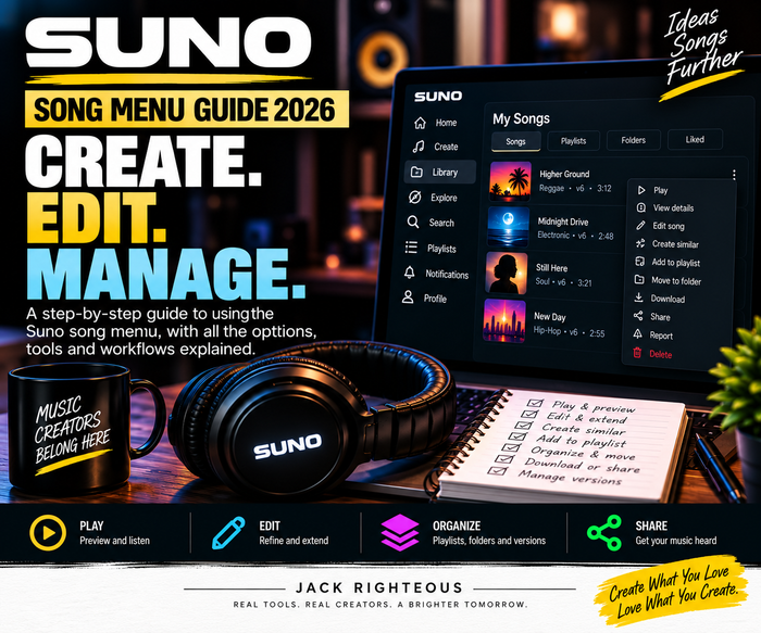 Suno Song Menu Guide 2026 — edit, extend, stems, download and share | Jack Righteous