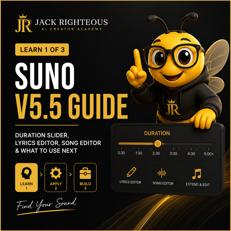 Bee Righteous presents the Suno V5.5 guide covering Duration Slider, Lyrics Editor and Song Editor workflow.