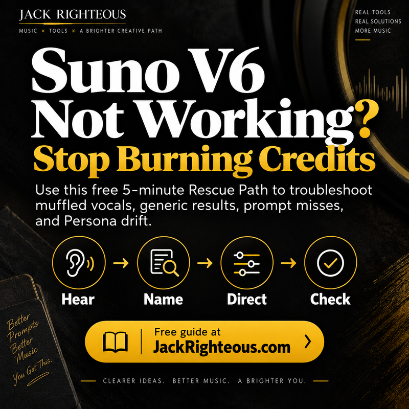 Suno V6 not working? Stop burning credits with the free 5-minute Jack Righteous Rescue Path: Hear, Name, Direct, Check.