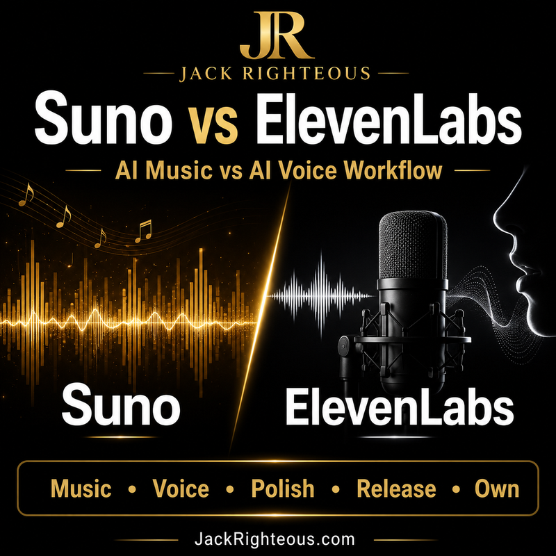 Promotional graphic comparing AI music and voice workflows by Suno and ElevenLabs, featuring a microphone and sound wave on a black background.