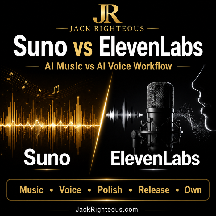 Promotional graphic comparing AI music and voice workflows by Suno and ElevenLabs, featuring a microphone and sound wave on a black background.