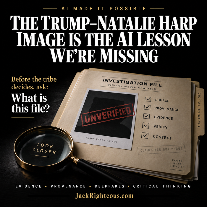 Editorial cover for The Trump–Natalie Harp Image Is the AI Lesson We’re Missing, focused on evidence, provenance, deepfakes and critical thinking.