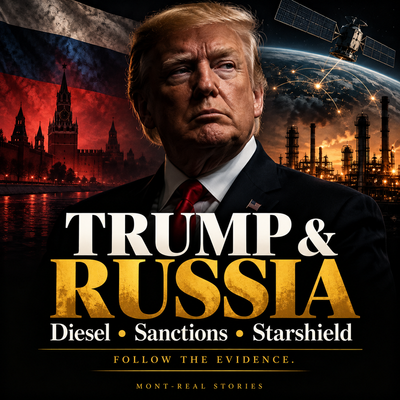 Editorial cover: Donald Trump with Russian flag, oil refinery and satellite imagery; headline Trump and Russia — Diesel, Sanctions, Starshield.