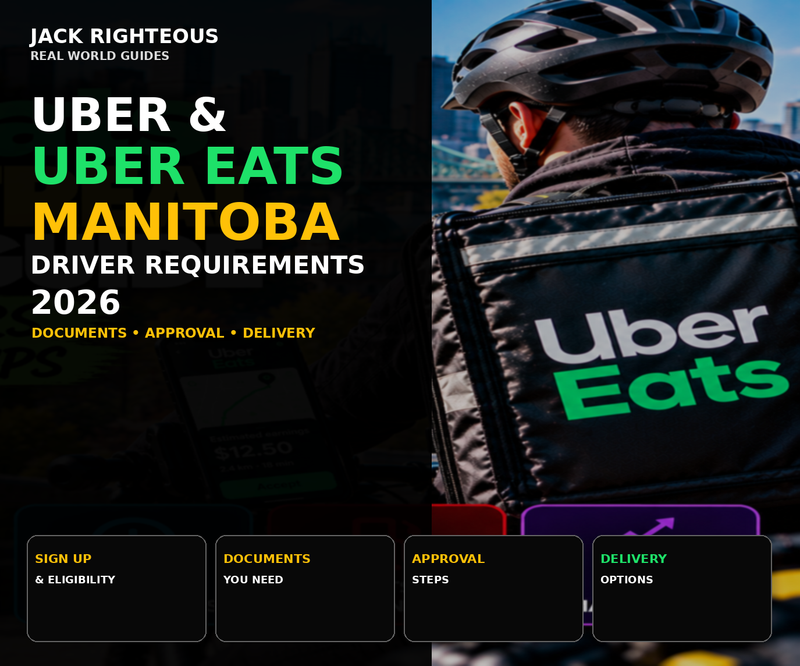 Uber and Uber Eats Manitoba driver requirements 2026 cover showing eligibility, documents, approval steps and delivery options