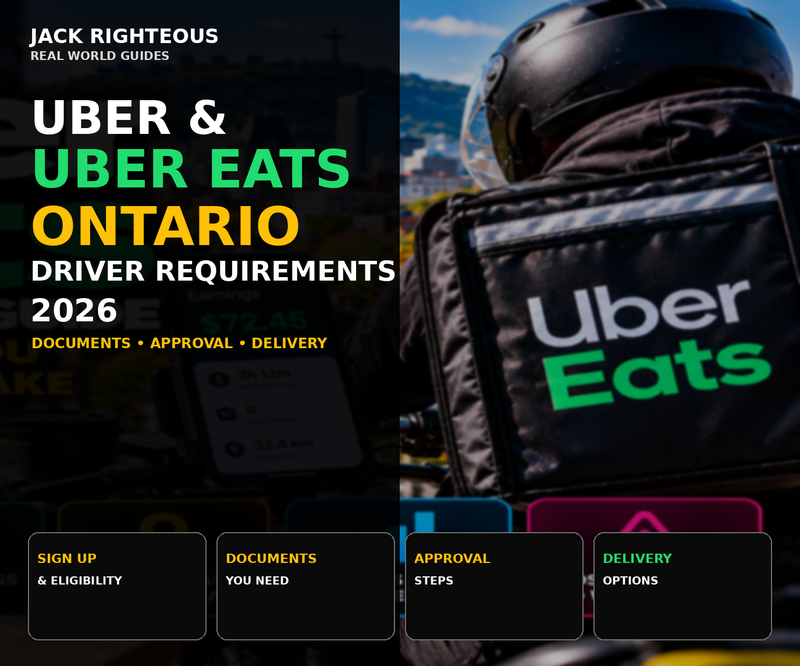 Uber and Uber Eats Ontario driver requirements 2026 cover showing eligibility, documents, approval steps and delivery options