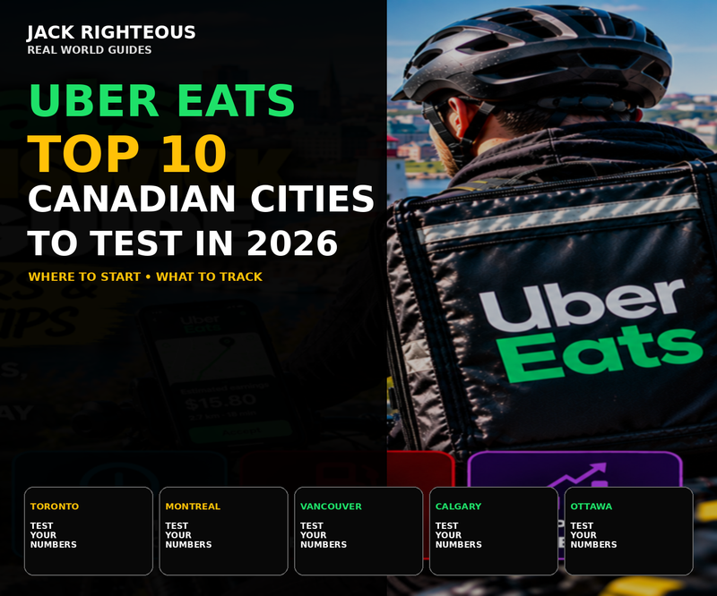 Top 10 Canadian cities to test for Uber Eats in 2026 cover showing a delivery courier and city comparison theme
