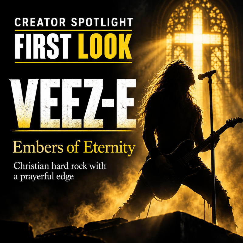 Creator Spotlight First Look cover for Veez-E and Embers of Eternity, using an anonymous hard-rock performer silhouette, gold cross light, black background, and gold-white Jack Righteous branding.