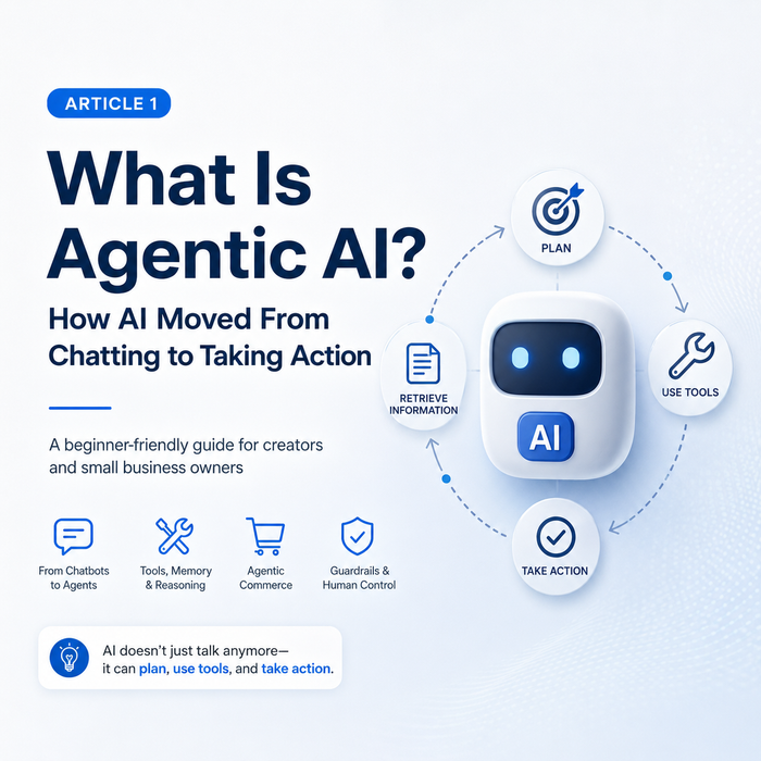 Article about Agentic AI with an AI robot illustration and text on a blue background