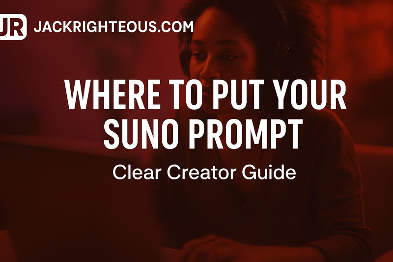 Suno prompt placement guide showing where Styles, Lyrics, section cues and controls belong