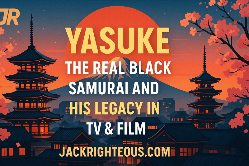 Conceptual illustration representing Yasuke between the surviving historical record and modern film, anime and game adaptations.
