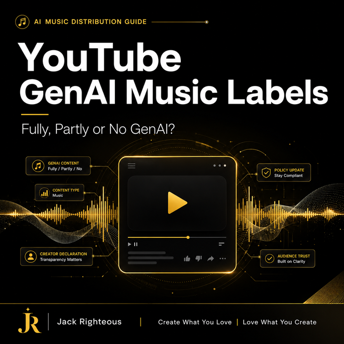 YouTube GenAI music disclosure guide explaining Fully GenAI, Partly GenAI and no-GenAI labeling routes for creators
