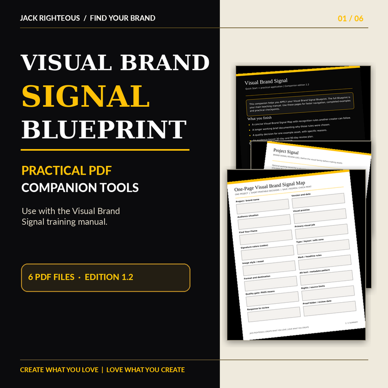 Visual Brand Signal Blueprint PDF Companion Tools v1.2 cover with previews of real workbook pages