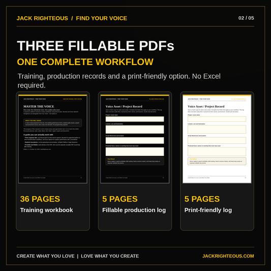 Master the Voice digital package showing actual 36-page training workbook and two five-page fillable PDF logs