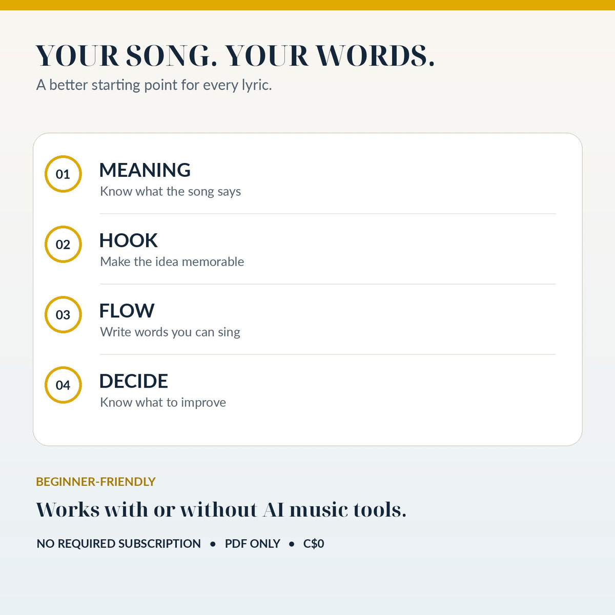 Free lyric writing guide outcomes: meaning, hook, flow and decision
