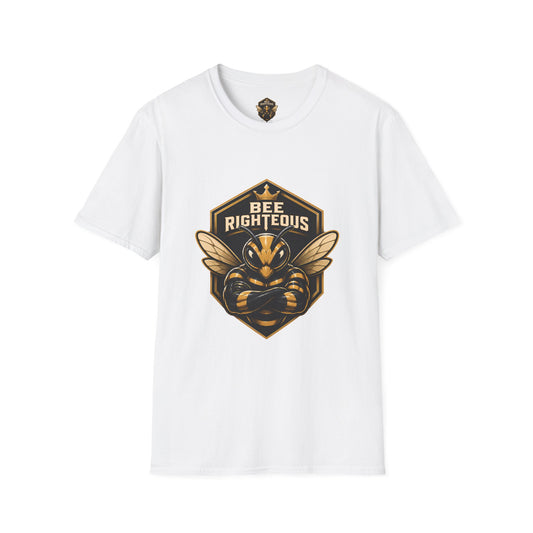 White t-shirt with a black and gold graphic of a bee and text 'Bee Righteous' on a white background