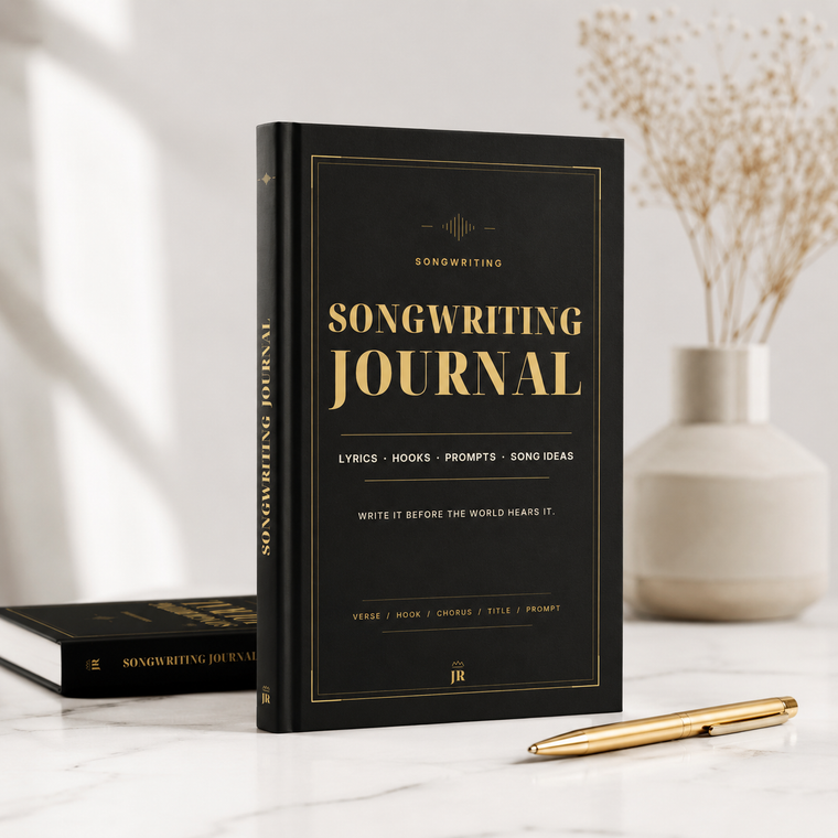Songwriting journal with gold text on a white surface with a vase in the background