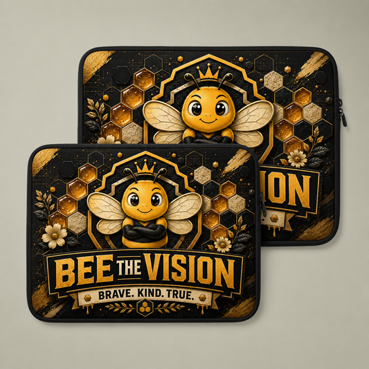 Two laptop sleeves with bee design and 'Bee the Vision' text on a beige background