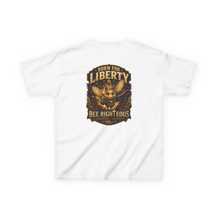 White t-shirt with a graphic design featuring a bee and text on a white background
