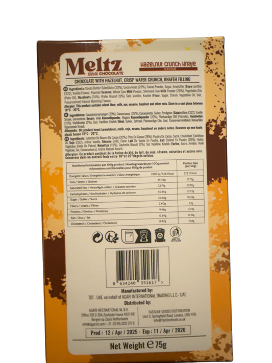 Meltz Dubai Chocolate Hazelnut Crunch Knafeh Flavour 75G - Dubai Edition