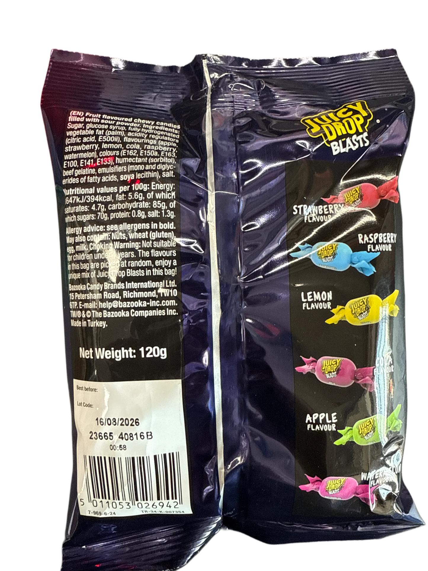 Juicy Drop Blasts Chews Filled With Sour Powder 120G - U.K Edition
