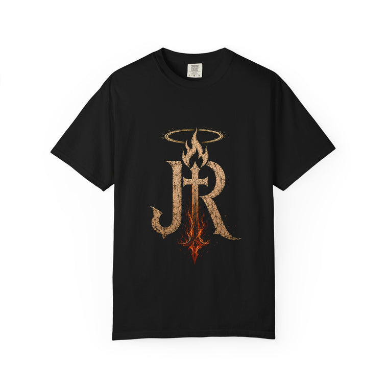 Black t-shirt with mountain graphic and text on a white background