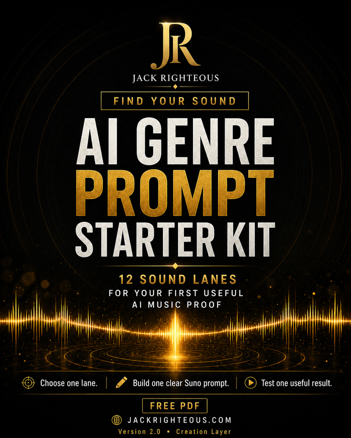 Promotional graphic for Jack Righteous' AI Genre Prompt Starter Kit with sound wave design on a dark background.