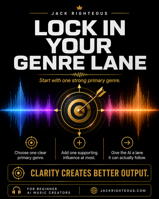 Promotional graphic for 'Lock in Your Genre Lane' by Jack Righteous with sound wave graphics and a target diagram.