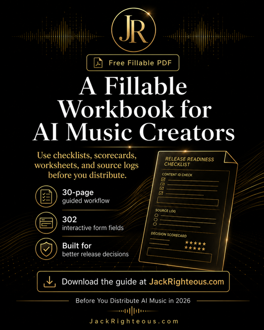 Promotional image for a fillable workbook for AI music creators with text and logo on a dark background.