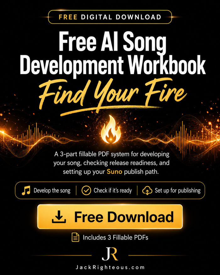 Promotional graphic for a digital download workbook titled 'Free AI Song Development Workbook' with the subtitle 'Find Your Fire' on a black background. The design uses white and gold typography, a flame icon, soundwave graphics, and a large 'Free Download' button.