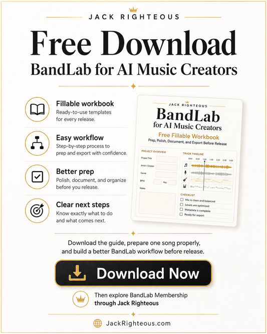 Free Download slide for BandLab for AI Music Creators showing fillable workbook, easy workflow, better prep, clear next steps, and BandLab Membership through Jack Righteous.