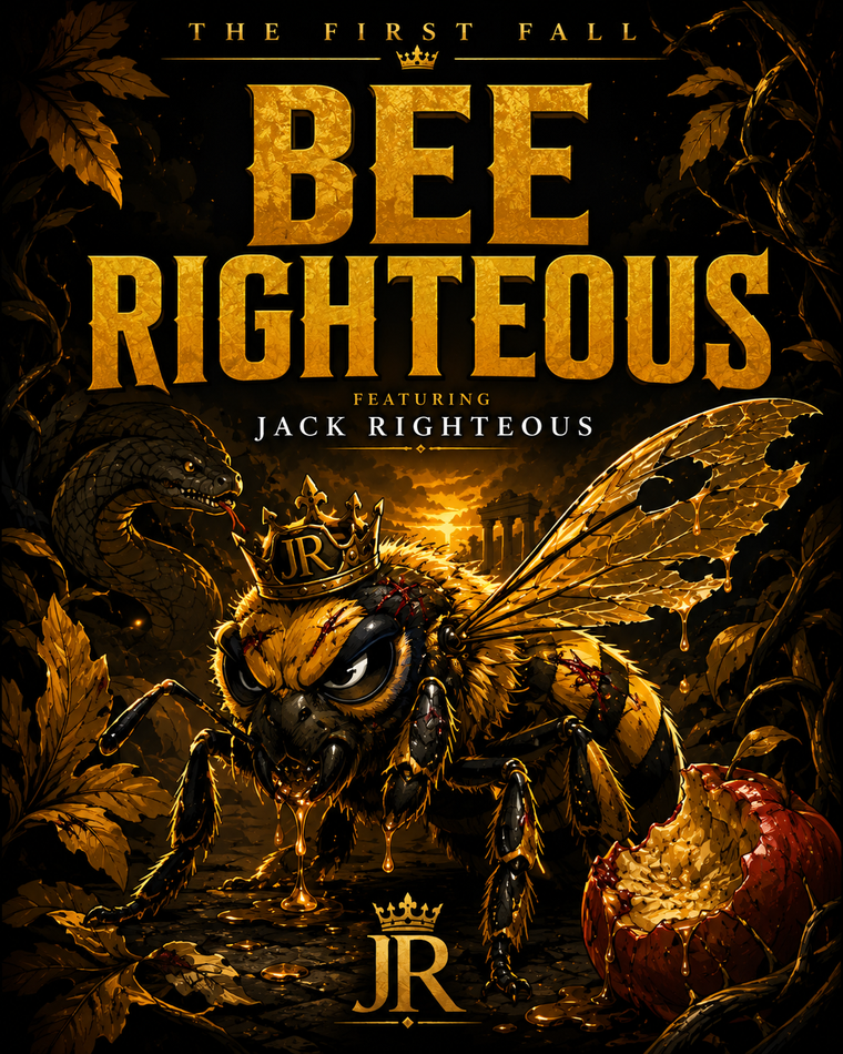 Album cover art for 'The First Fall - Bee Righteous' featuring Jack Righteous, showing a detailed illustration of a crowned honeybee holding a gold apple, with a snake in the background and a red apple bitten at the bottom right.