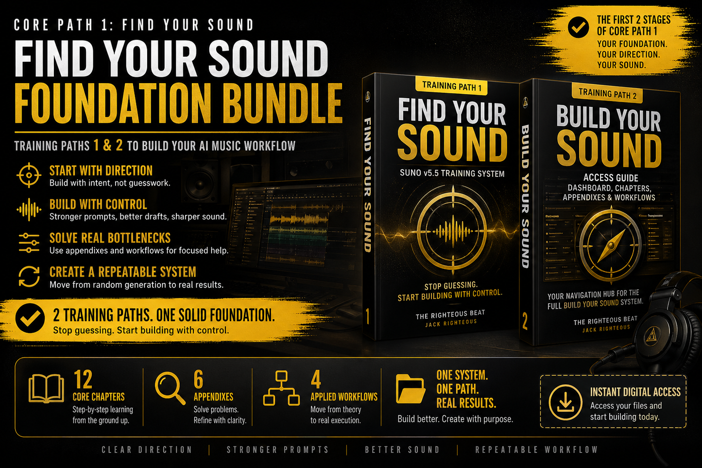 Promotional image of 'Find Your Sound' foundation bundle with product packaging and text on a dark background.