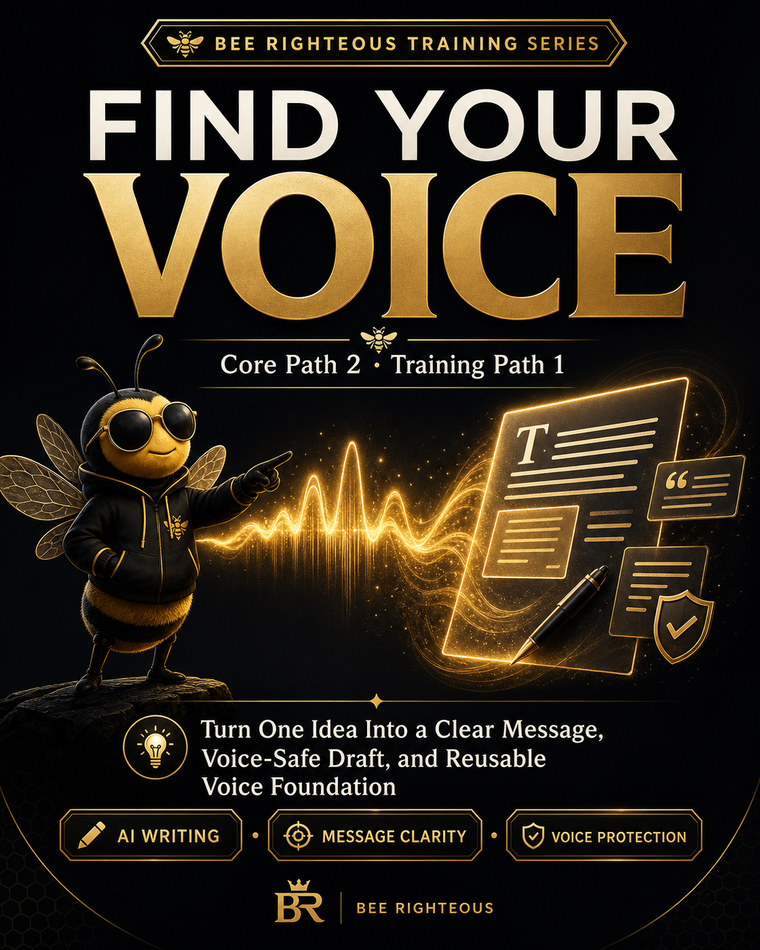 Book cover of 'Find Your Voice' by Bee Righteous with a bee character and text about AI writing and voice protection.