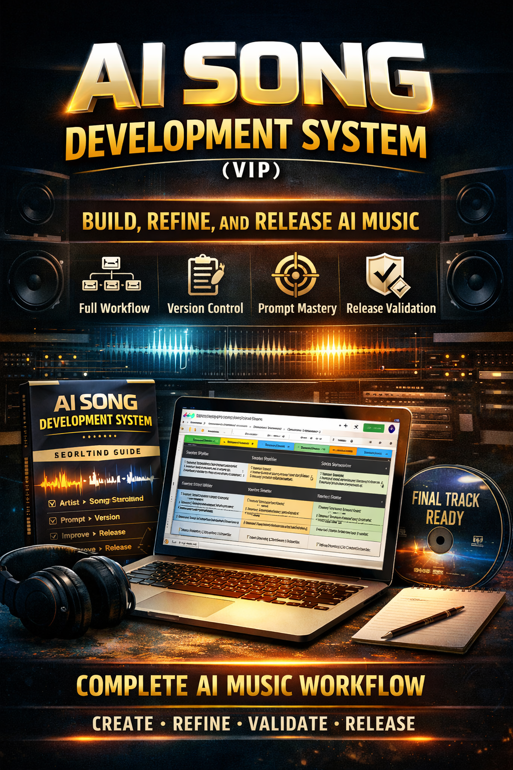 AI Song Development System VIP product showing workflow, prompt system, and AI music creation process tool