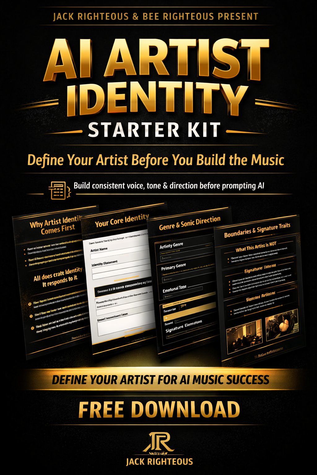 Promotional image for 'AI Artist Identity Starter Kit' by Jack Righteous and Bee Righteous, with text and graphics on a dark background.