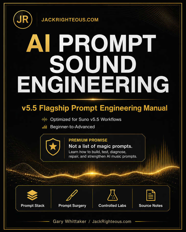 Book cover of 'AI Prompt Sound Engineering' by JackRighteous.com on a black background with sound wave graphics.