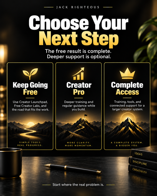Promotional graphic for a creator coaching or course product titled 'Choose Your Next Step' by Jack Righteous. The design features three vertical panels offering 'Keep Going Free', 'Creator Pro', and 'Complete Access' packages, each with a gold mountain icon and a mountain landscape photo.