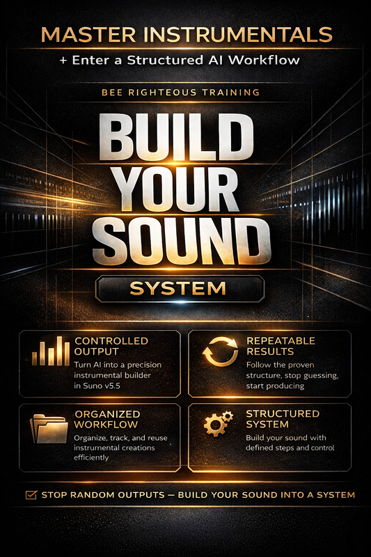 Promotional graphic for 'Build Your Sound System' with text and icons on a dark background
