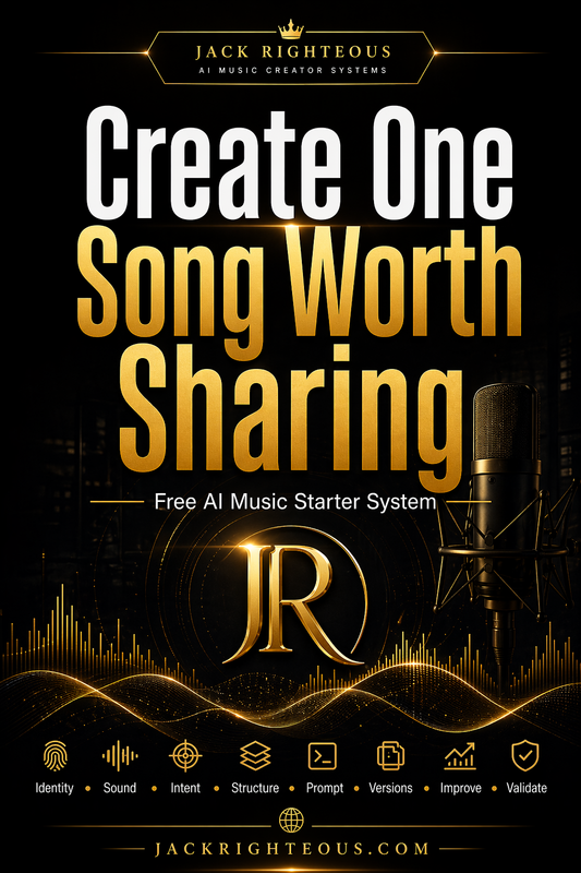 Promotional graphic for a music creation system with text and audio wave graphics on a dark background.