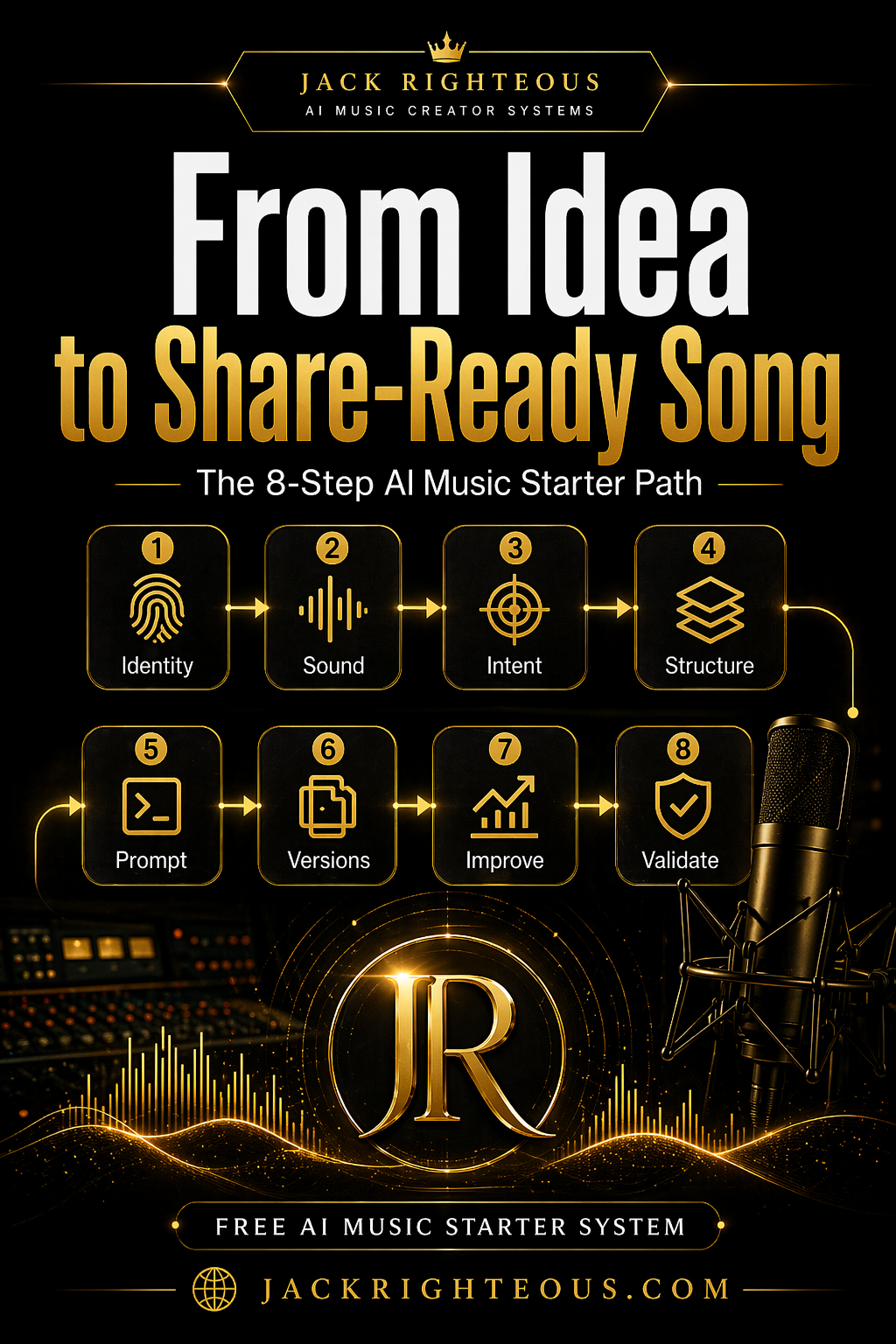 Promotional graphic for 'From Idea to Share-Ready Song' with audio equipment and branding elements.